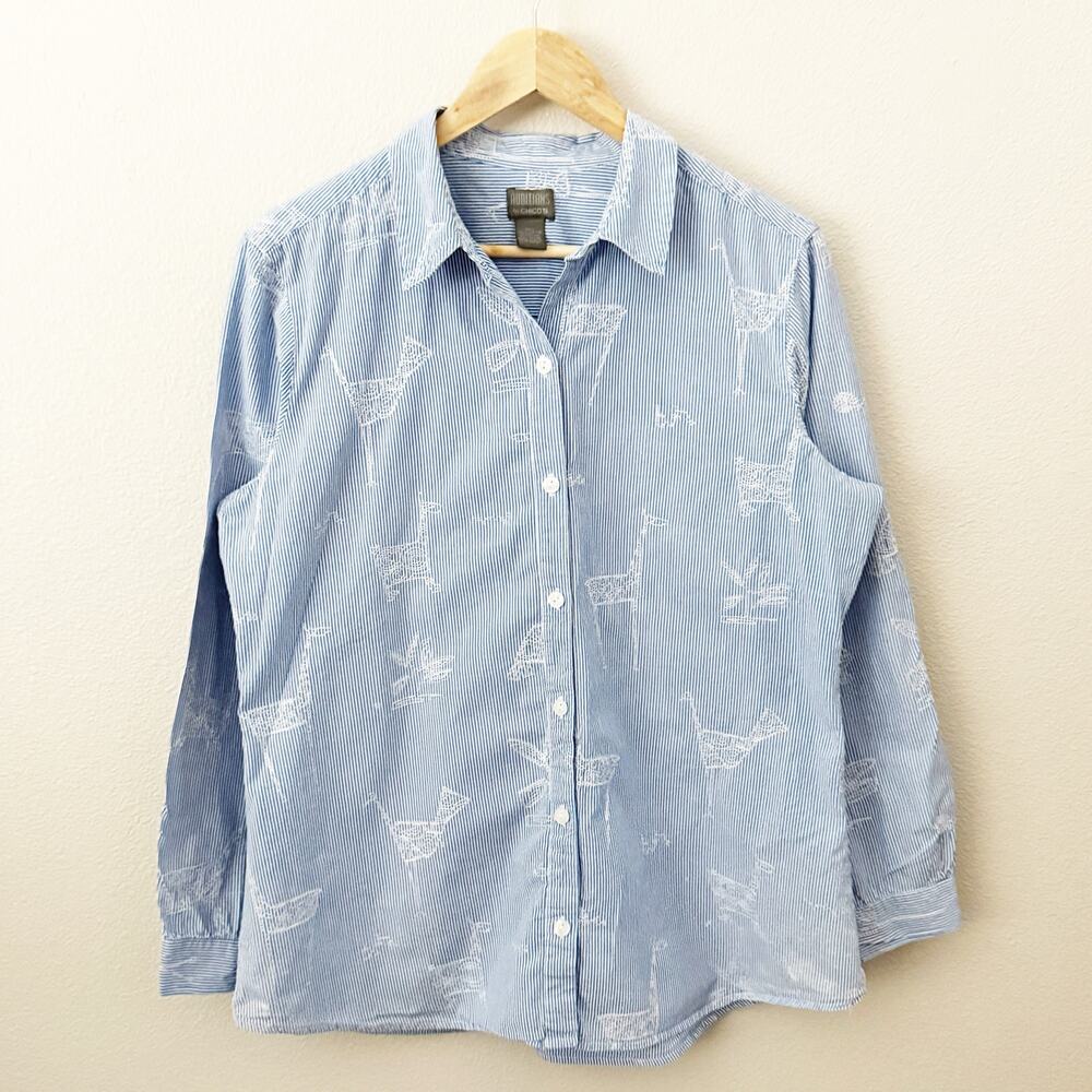 CHICO'S | Blue White Banker Stripe Embrodered Animal Collared Button Down | 3 XL